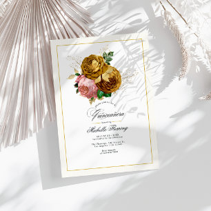 Elegante Gold- und Rosé-Blumen-Quinceañera-Foto Einladung