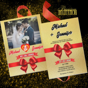 Elegante Gold- und rote Band Hochzeit mit individu Einladung