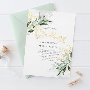 Elegante Gold- und Salbeigrün-Moderne Hochzeit Folieneinladung
