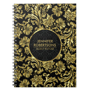 Elegante Gold- und Schwarz-Flora-Damaskus Notizblock