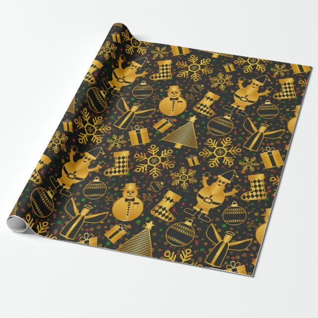 Elegante Gold- und Schwarze Weihnachtsbilder Geschenkpapier (Ungerollt)