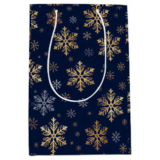 Elegante Gold- und Silber-Schneeflocken auf Navybl Mittlere Geschenktüte