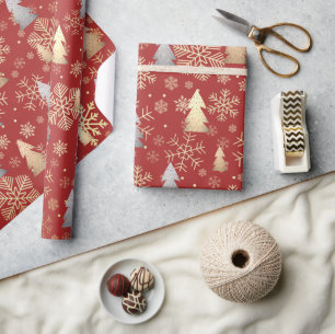Elegante Gold- und Silber-Weihnachtsbaum-Schneeflo Geschenkpapier