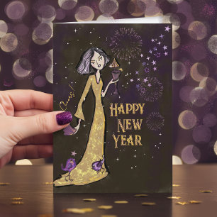 Elegante Gold- und Violette Neujahrskarte Untern Feiertagskarte