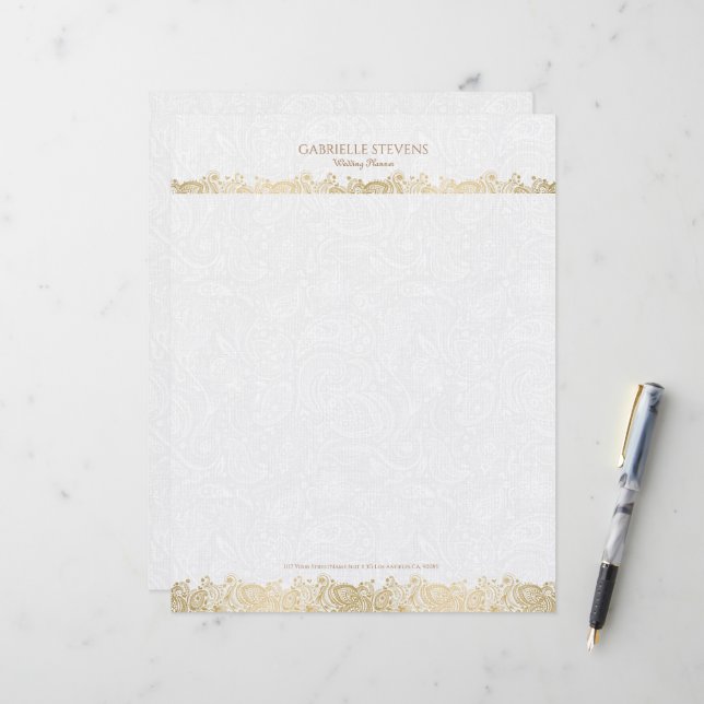 Elegante Gold- und Weiß-Paisley-Spitzen Briefbogen (Vorderseite/Rückseite Beispiel)