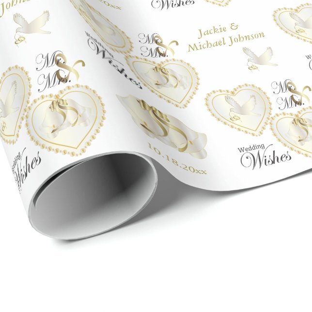Elegante Gold-und Weiß-Tauben-Hochzeits-Herzen Geschenkpapier (Rolleneckpunkt)