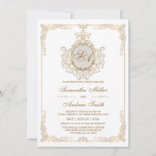 Elegante Gold- und Weiße Hochzeit Einladung