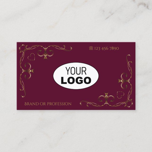 Elegante Gold Verziert Corners mit Logo Burgundy Visitenkarte (Vorderseite)