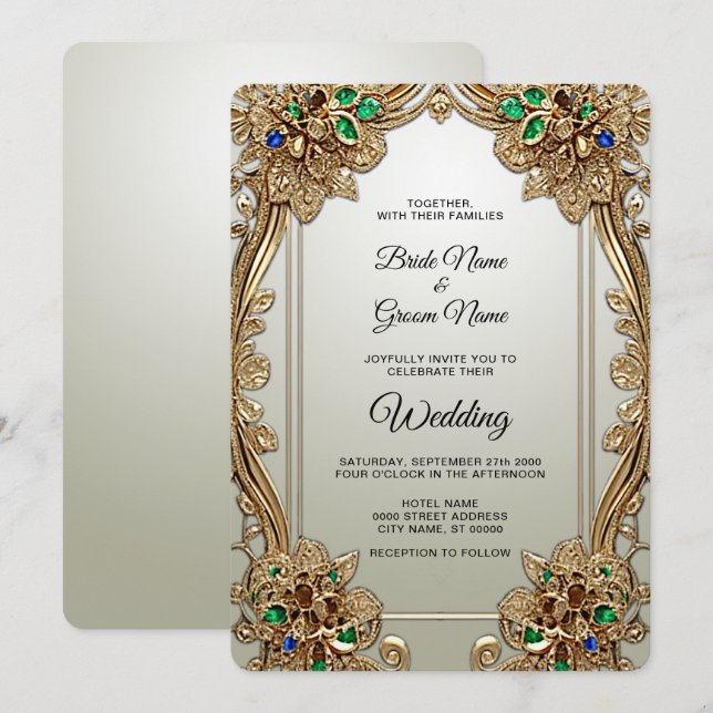 Elegante Gold Verziert Hochzeit Einladung (Vorne/Hinten)