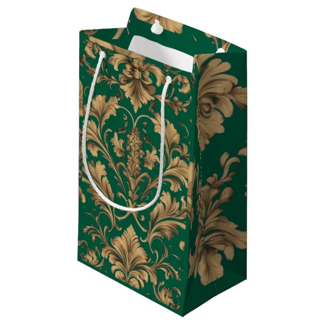 Elegante Gold Vintag Damaskus-Beutel Kleine Geschenktüte (Vorderseite Schrägansicht)