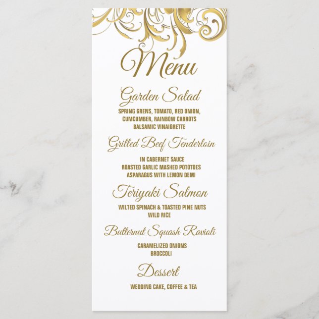 Elegante Gold Vintage Wirbel Hochzeit Menükarte (Vorderseite)