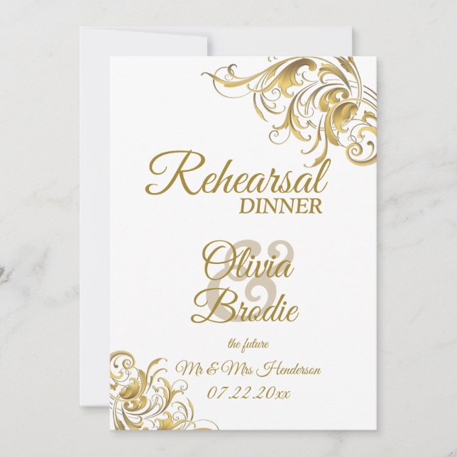 Elegante Gold Vintage Wirbel Hochzeit Probe Din Einladung (Vorderseite)