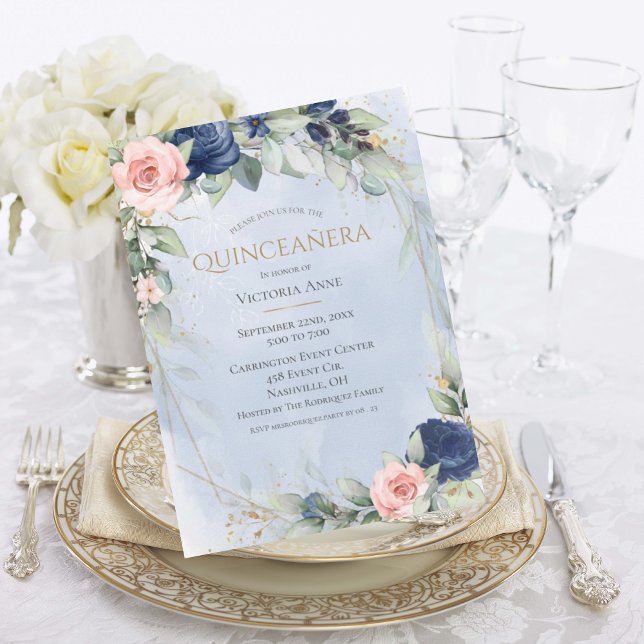Elegante Gold Watercolor Blue Pink Quinceñera Einladung (Von Creator hochgeladen)