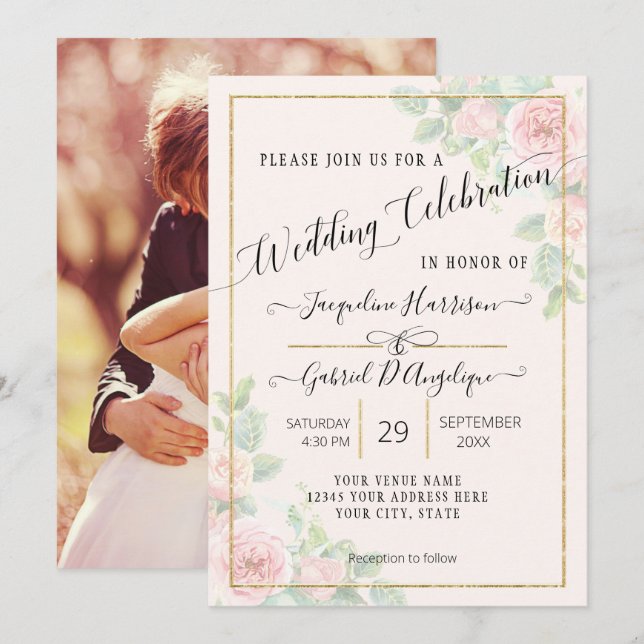 Elegante Gold Watercolor Blumenzitat Wedding Invi Einladung (Vorne/Hinten)
