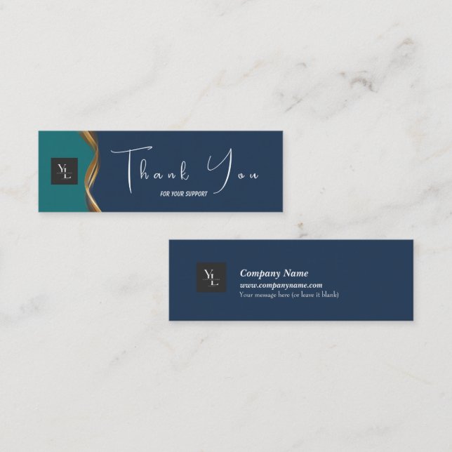 Elegante Gold Wave Blue & Aquamarin Logo Dankeschö Mini Visitenkarte (Vorne/Hinten)