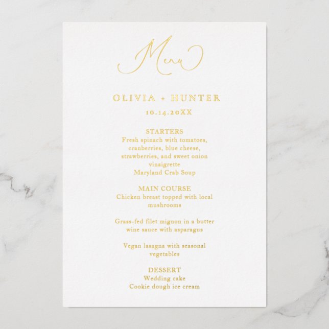 Elegante Gold Wedding Dinner Menü Cards Folieneinladung (Vorderseite)