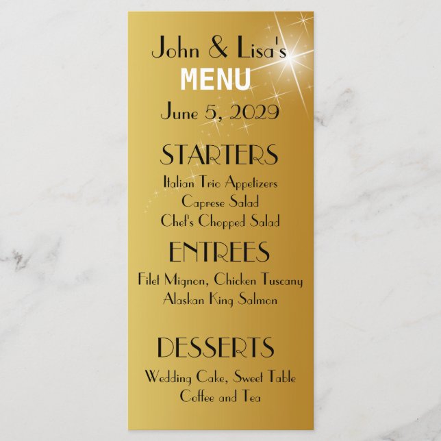 Elegante Gold Wedding Menu Card Benutzerdefinierte Menükarte (Vorderseite)