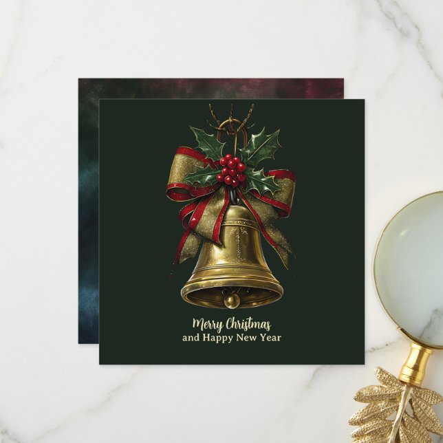 Elegante Gold Weihnachtsglocke mit festlicher Bow  Dankeskarte (Vorderseite/Rückseite Beispiel)