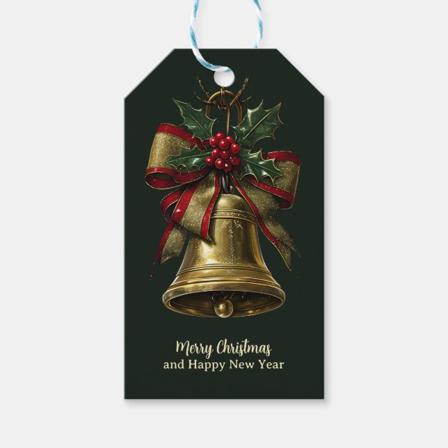 Elegante Gold Weihnachtsglocke mit festlicher Bow  Geschenkanhänger (Vorderseite)