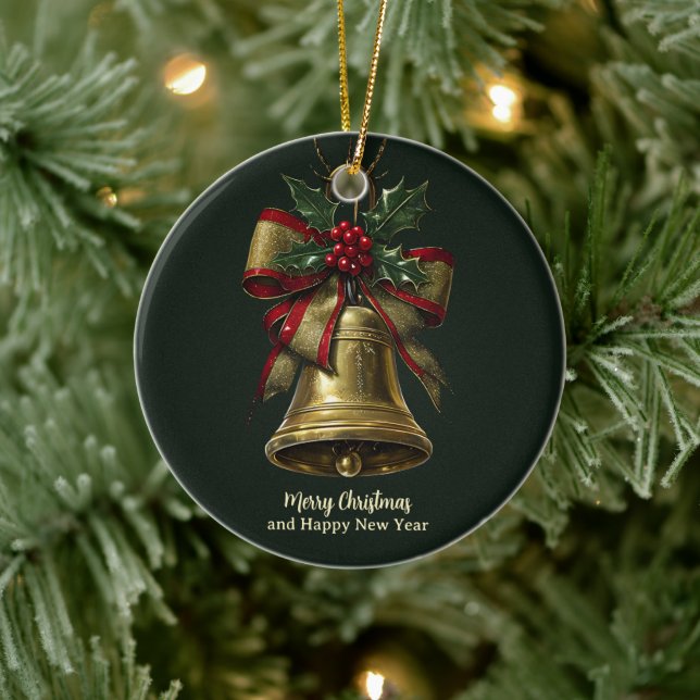 Elegante Gold Weihnachtsglocke mit festlicher Bow  Keramik Ornament (Baum)