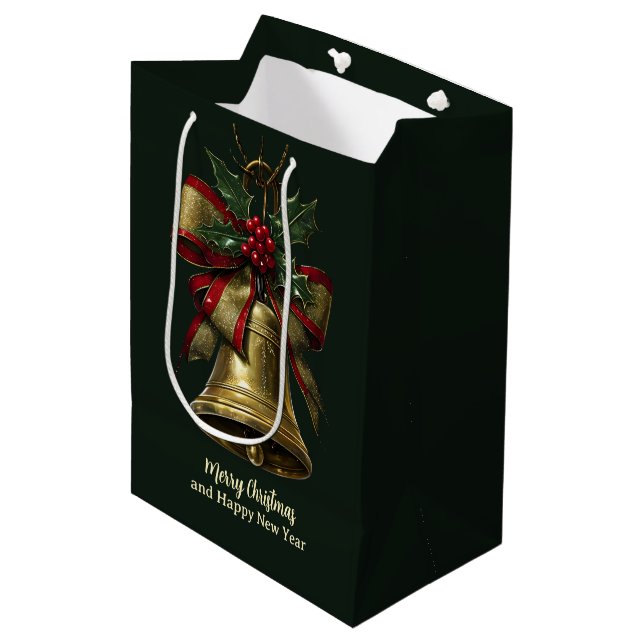 Elegante Gold Weihnachtsglocke mit festlicher Bow  Mittlere Geschenktüte (Vorderseite Schrägansicht)