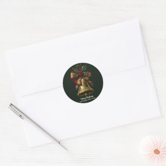 Elegante Gold Weihnachtsglocke mit festlicher Bow  Runder Aufkleber
