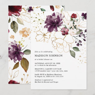 Elegante Gold-Wein-Burgunder-Blumen-Braut-Dusche Einladung