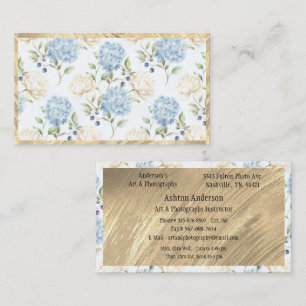 Elegante Gold Weiße Blaue Hortensien Blumen Visitenkarte