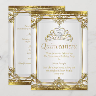 Elegante Gold Weiße Perlen Prinzessin Quinceanera Einladung