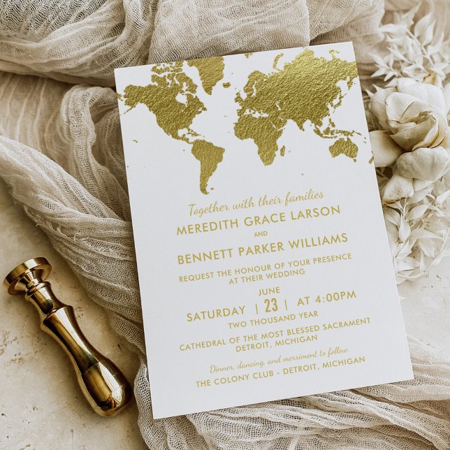 Elegante Gold Weltkarte Hochzeit Einladung (Von Creator hochgeladen)