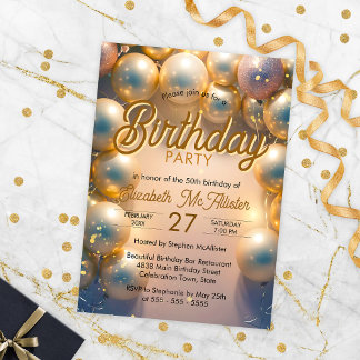 Elegante Gold & White Balloons 50. Geburtstagspart Einladung