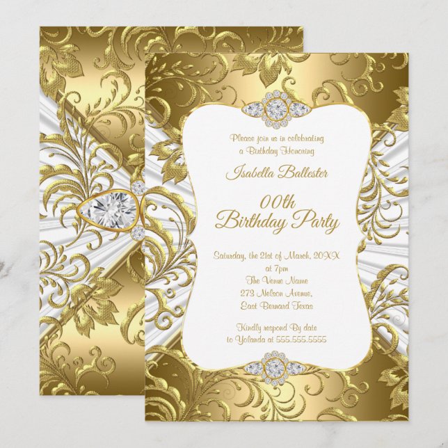 Elegante Gold White Damask Blumengarten Geburtstag Einladung (Vorne/Hinten)