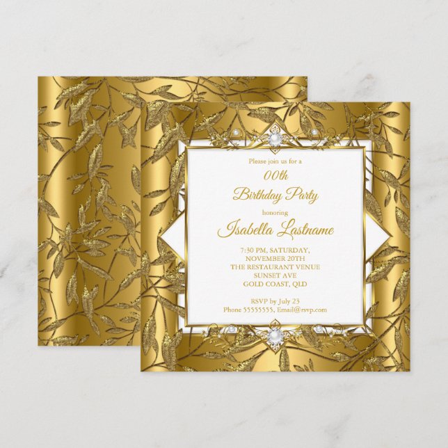 Elegante Gold White Damask Pearl Birthday Party Einladung (Vorne/Hinten)