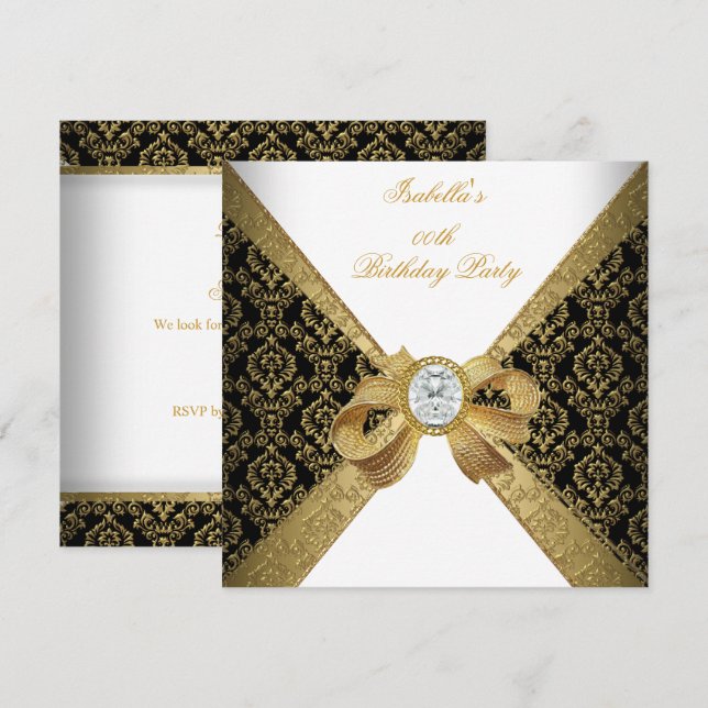 Elegante Gold White Diamond Black Birthday Party Einladung (Vorne/Hinten)