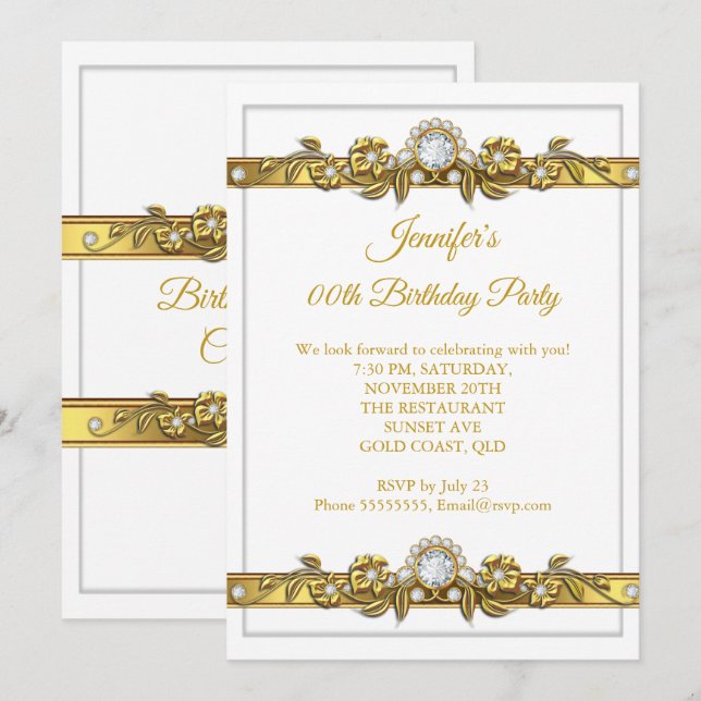 Elegante Gold White Diamond Geburtstagsparty Einladung (Vorne/Hinten)