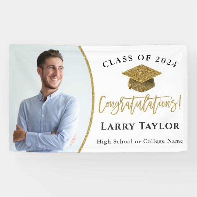 Elegante Gold White Graduate Foto Graduation Party Banner (Horizontal)
