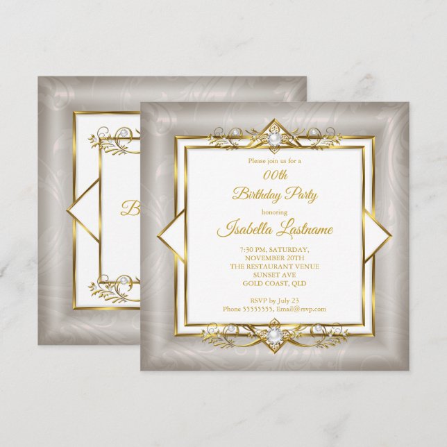 Elegante Gold White Gray Pearl Birthday Party Einladung (Vorne/Hinten)