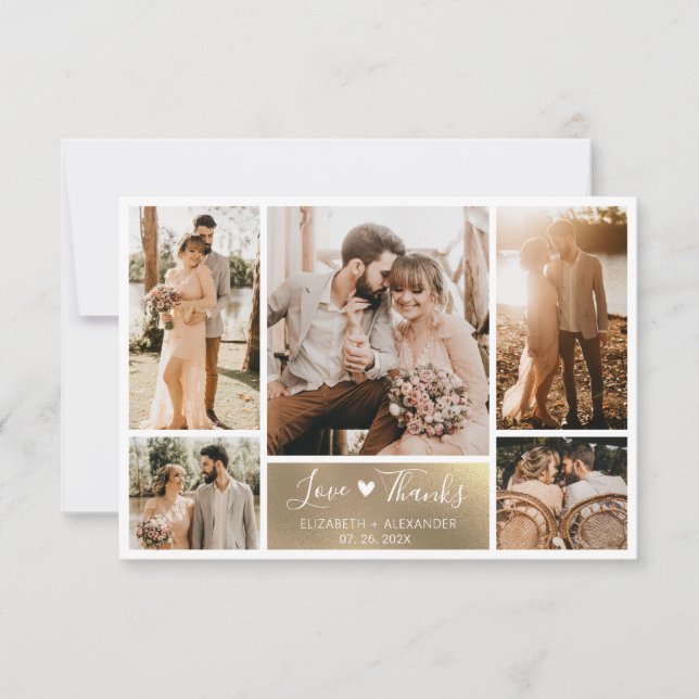 Elegante Gold White Heart Foto Collage Wedding Dankeskarte (Vorderseite)