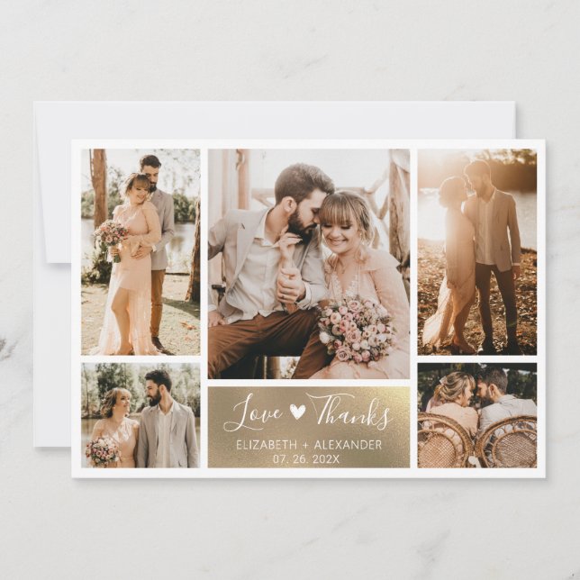 Elegante Gold White Heart Foto Collage Wedding Dankeskarte (Vorderseite)