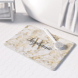 Elegante Gold White Marble Monogram Script Badematte