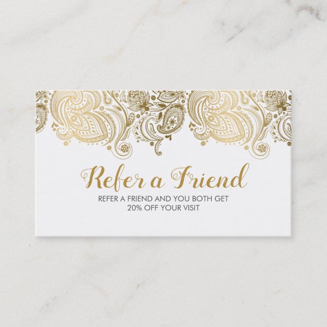 Elegante Gold & White Paisley Lace Beweiskarte Empfehlungskarte (Vorderseite)