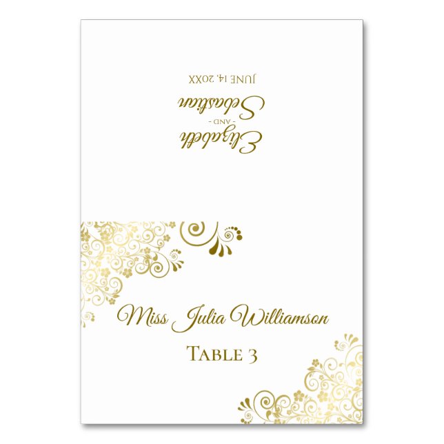 Elegante Gold & White Wedding DIY Fold Platzkarte Tischnummer (Vorderseite)