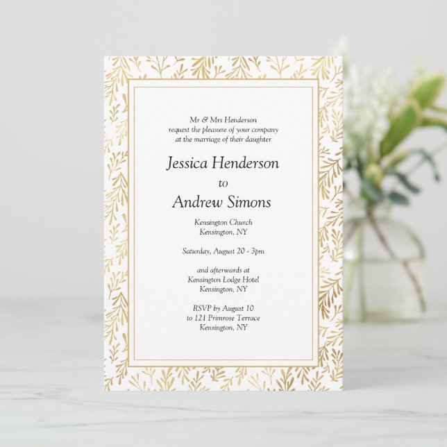 Elegante Gold White Wedding Einladung (Stehend Vorderseite)