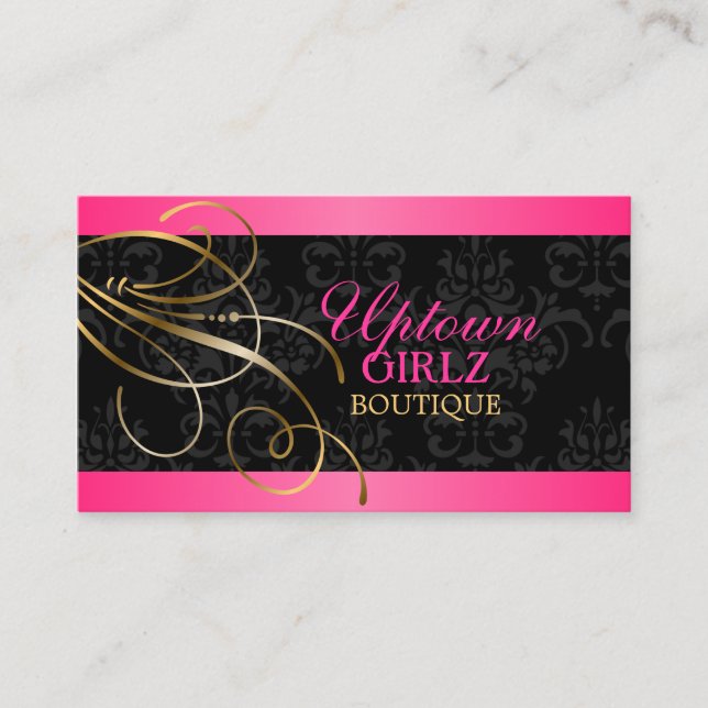 Elegante Gold-Wirbel und Black Damask Visitenkarte (Vorderseite)