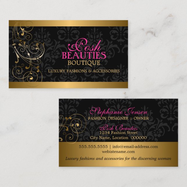 Elegante Gold Wirbel und Damask Visitenkarte (Vorne/Hinten)