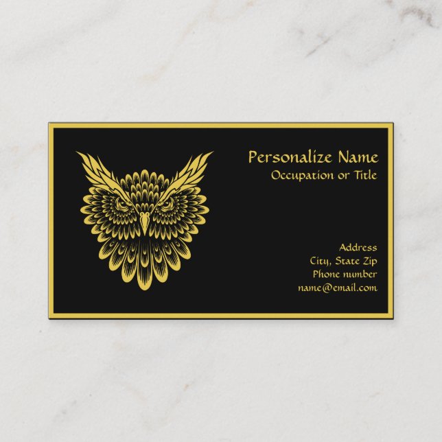 Elegante Gold Wise Owl auf Black Business Card Visitenkarte (Vorderseite)