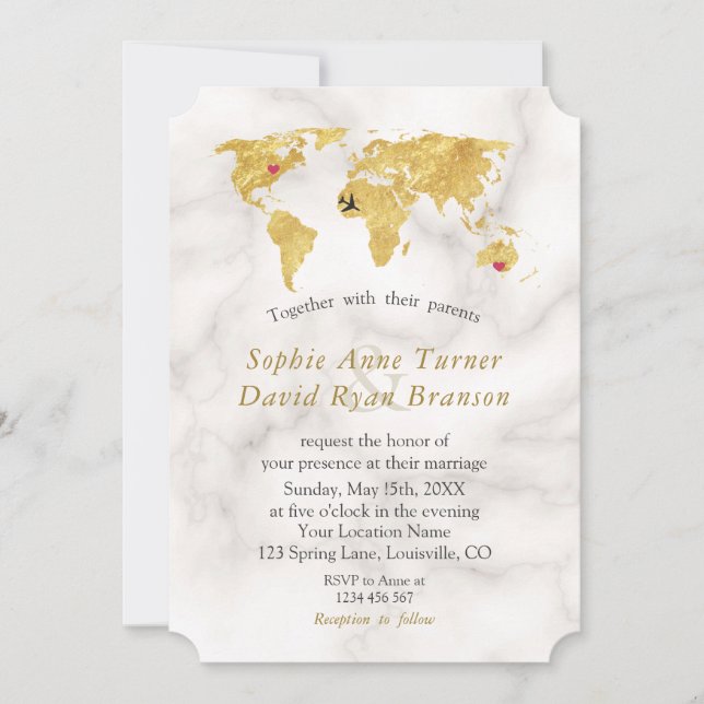 Elegante Gold World Map Hochzeit in Urlaubsort Einladung (Vorderseite)