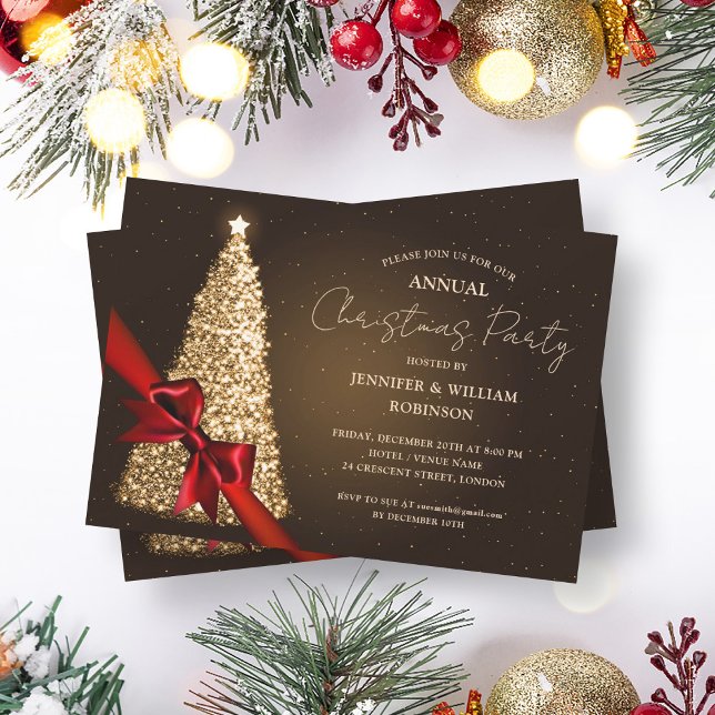 Elegante Gold Xmas Tree Ribbon Holiday Party Einladung (Elegant Gold Xmas Tree Ribbon Holiday Party Invitation)