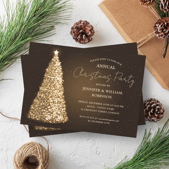 Elegante Gold Xmas Tree Sparkle Einladung (Elegant Gold Xmas Tree Sparkle Holiday Party Invitation)