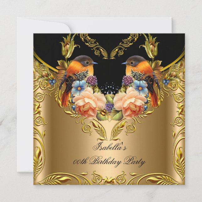 Elegante Gold Yellow Bird Black Birthday Party 2 Einladung (Vorderseite)
